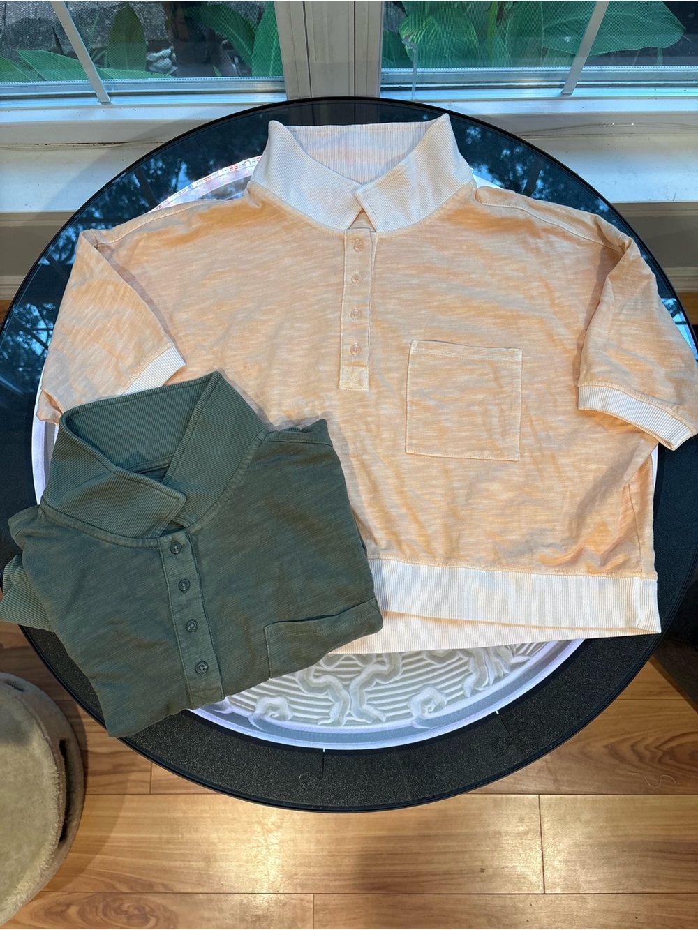 new American Eagle women's Short-Sleeve Polo Tops in Peach and Olive
